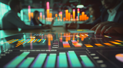 Professional business team working on a project together in the office Using economic growth charts and network connections to accompany the data. in analyzing future trends