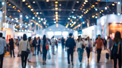Busy scene at a professional expo with people walking and interacting. The setting includes booths, banners, and informational displays. The background shows modern architecture with large windows