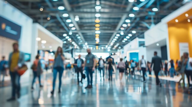 Busy scene at a professional expo with people walking and interacting. The setting includes booths, banners, and informational displays. The background shows modern architecture with large windows