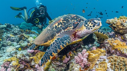 Obraz premium Female scuba diver taking a photo of Hawksbill Turtle swimming over coral reef in the blue sea. Marine life and Underwater world concepts