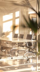 Modern office interior with white chairs on casters arranged around a table. Bright daylight illuminates the scene through large windows, casting soft shadows on the glossy floor
