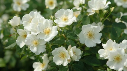 Close-up shot of the miniature rose 'White bells' flowering with white flowers with creamy yellow centers in the paark in summer - obrazy, fototapety, plakaty