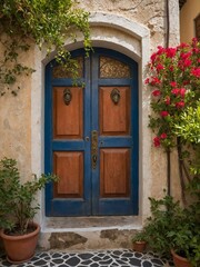 Rustic, charming doorway stands adorned with mix of nature, artistry. Door, blue, brown, marked by time, serves as centerpiece, surrounded by aged wall. Nearby, greenery, blooming red flowers cascade.