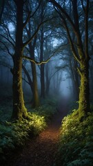 Narrow path winds through mystical forest, where dense fog diffuses light, casting ethereal glow that illuminates verdant undergrowth, moss-covered trees. Towering trees, their branches intertwined.