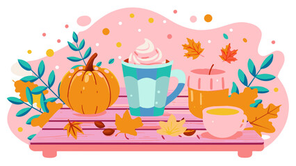 Cozy Autumn Vibes with Pumpkin, Warm Drinks, and Falling Leaves Illustration