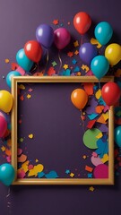 "Mark milestones with our Paper Cut Frame. Festive balloons, confetti & party hats create a vibrant backdrop for your message." Digital Artwork ar 9:16
