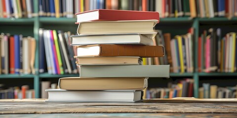 back to school concept. stack of books over wooden desk in front of library.