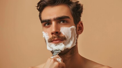 a young man shaves on a brown background