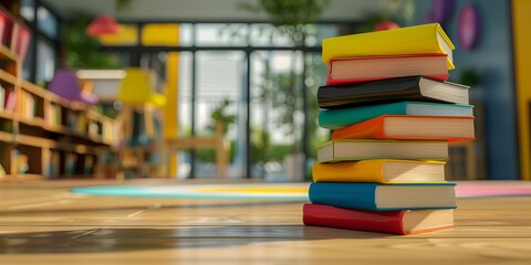 back to school concept. stack of books over wooden desk in front of library.