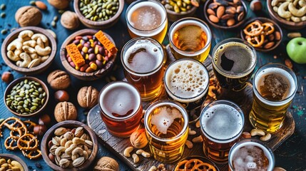 craft beer with a tantalizing array of various types served in glasses, atop a rustic wooden board adorned with salted nuts and pretzels.
