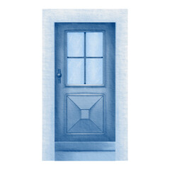 Wooden carved antique door as an element of medieval house facade in the center of old European town in monochrome blue and white colors. For patterns, images of facades, stickers, postcards.