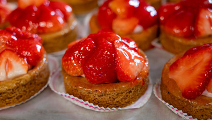 Dutch cuisine, fresh baked strawberry cake with cream and fresh fruits