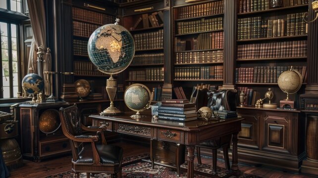 elegant vintage library filled with ancient astrology books, leather-bound zodiac charts, brass celestial globes, and a glowing globe on a mahogany desk