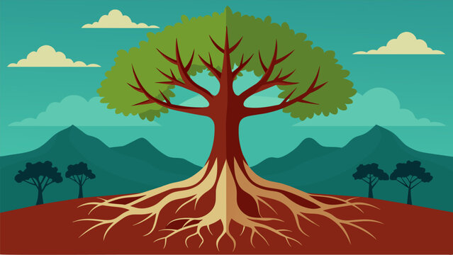 A sprawling tree with strong roots signifying the strength and stability gained through finding relief from depression through ketamine..