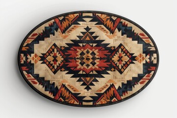 An oval-shaped sticker featuring a detailed Navajo embroidery pattern