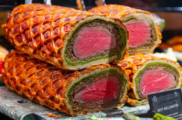 Real British beef Wellington, steak meat dish made with fillet steak coated with foie gras...