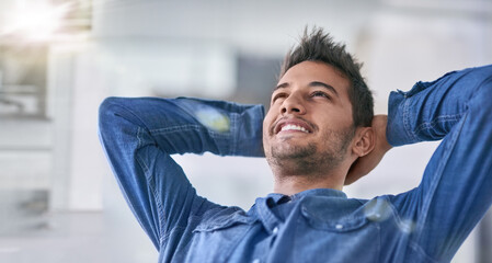 Business, man and thinking or relax on break in office, happy and hands behind head for stretch or calm reflection. Worker, positive mindset and achieve goal or target, employee and workplace banner