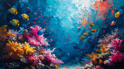 Fototapeta na wymiar Colorful coral reefs and exotic fish in a clear, deep blue sea