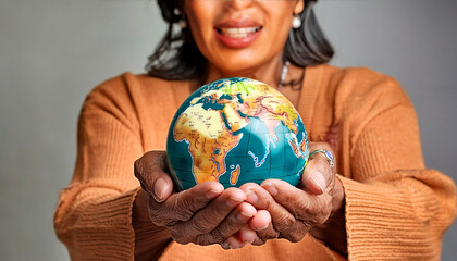 hands holding earth woman holding globe . hands holding earth. hand Holding Earth With Green leaves...