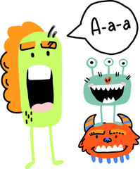 Print with monsters. Cute poster with monsters and bubble speech.