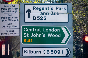 Transportation in London city, roads, road signes, street signes, warnings, indicating of...