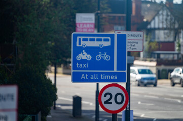 Transportation in London city, roads, road signes, street signes, warnings, indicating of directions in Great Britain, city life in England