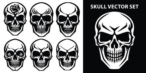 Skull Vector Set – Bold Tattoo-Style Icons for Halloween Graphics, Gothic Branding, and Edgy Design Projects