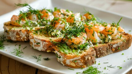 Traditional Scandinavian shrimp toast (toast Skagen) with dill, egg and mayonnaise