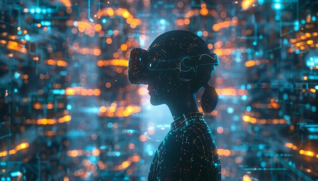 Virtual reality landscape with immersive digital elements, perfect for VR product demos and gaming interfaces