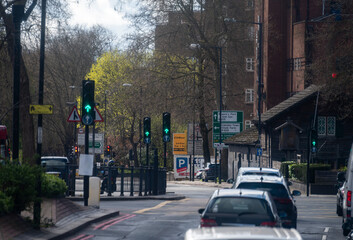 Transportation in London city, roads, road signes, street signes, warnings, indicating of...