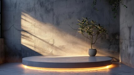 Softly lit podium in a minimalist environment, perfect for creating a moody atmosphere for premium products