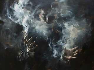 Businessman holding clouds of smoke in his hands against a dark background. The painting is in the style