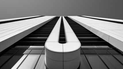 The image is a black and white photo of a tall building with a large window