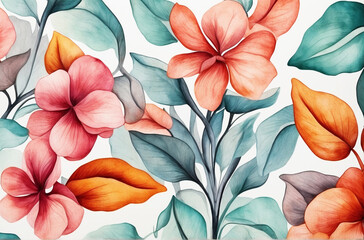 Vibrant Watercolor Flowers and Leaves on White Vintage Background.