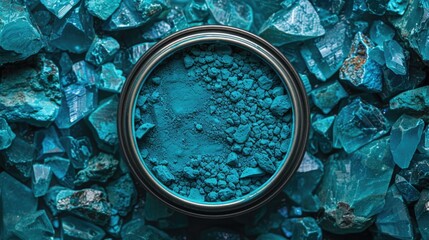 Overhead View of an Open Paint Can with Bright Turquoise Paint Surrounded by Scattered Turquoise Gemstones