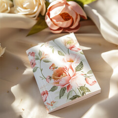 Floral greeting card with elegant blooms on a soft silk background