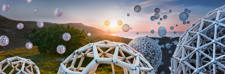 sphere globe structure fly levitate and landing in natural landscape in sunset with sea