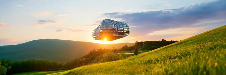 flying villa in nature with trees and sunset