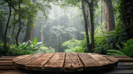 Rustic wood podiums in a forest scene background, ideal for outdoor gear and naturethemed product showcases