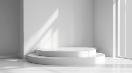 Round podium in pure white, minimal design for effective visual merchandising, isolated background