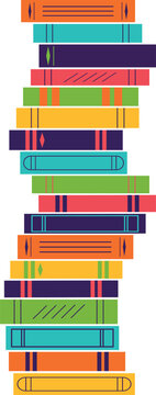 A tall stack of books on a transparent background. A bunch of library books, textbooks, literature. Isolated vector illustration.