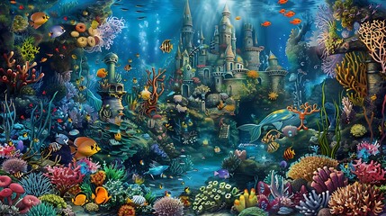 Fototapeta na wymiar a digital drawing of a fantastical underwater kingdom inhabited by mermaids and sea creatures