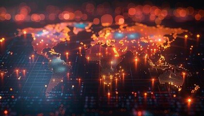 Pixelated digital world map, ideal for global tech company presentations or international data flow visualizations