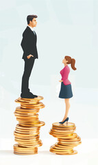 Unfair compensation: A businessman and businesswoman stand on a stack of coins, symbolizing the unjust wage gap between genders. - obrazy, fototapety, plakaty