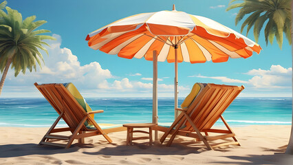 Perfect getaway scene with two sun loungers under a striped umbrella on a pristine tropical beach, inviting relaxation