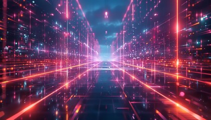 Obraz premium Neon grid landscape in a virtual environment, ideal for graphics design tutorials or scifi themed digital content