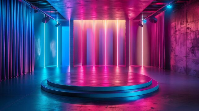 Neonlit podium in a vibrant 3D nightclub scene, ideal for trendy tech products and youthful brand promotions