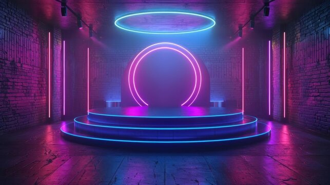 Neonlit podium in a vibrant 3D nightclub scene, ideal for trendy tech products and youthful brand promotions