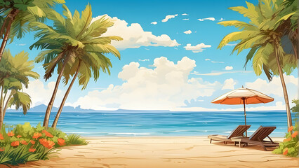 Simple beach vista with two sun loungers under an umbrella, with the ocean horizon and vibrant flora in view