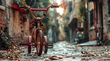 Rich burgundy toddler tricycle in an old town alley, vintage charm, - obrazy, fototapety, plakaty